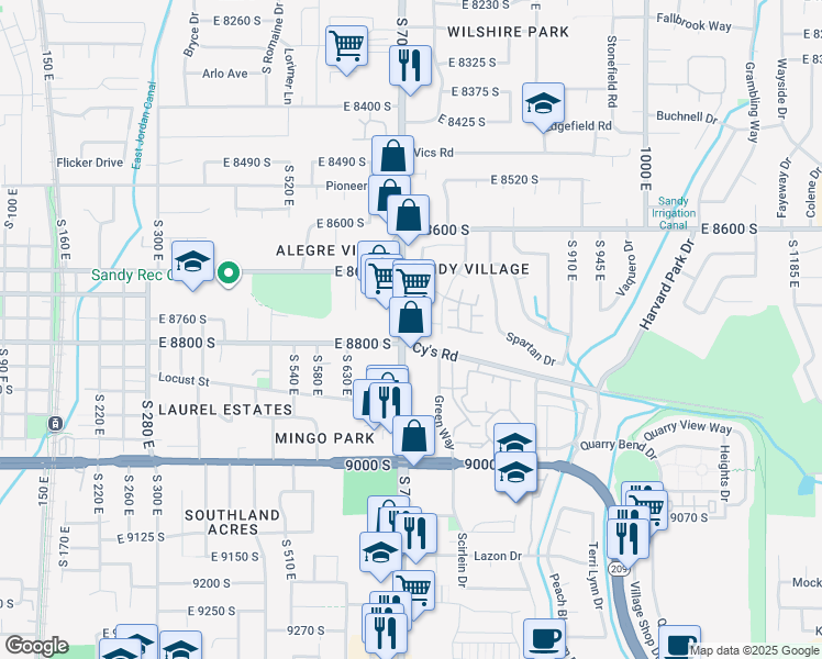 map of restaurants, bars, coffee shops, grocery stores, and more near 8767 South 700 East in Sandy