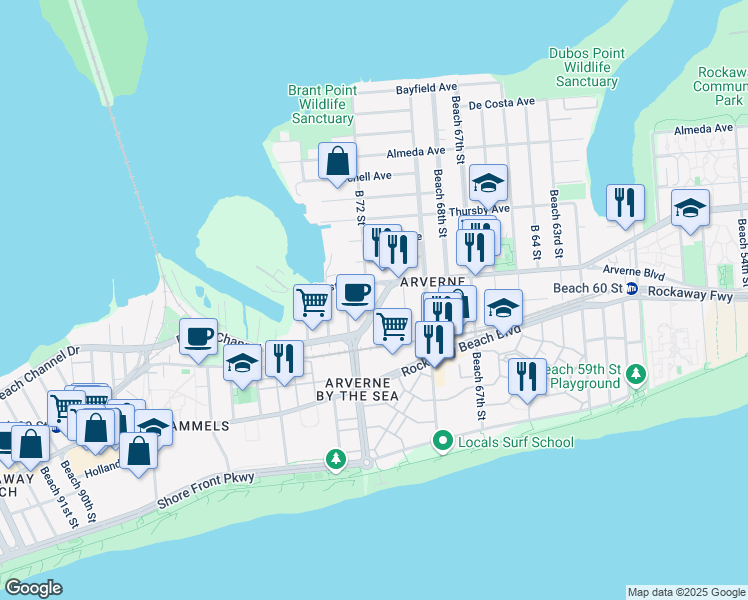 map of restaurants, bars, coffee shops, grocery stores, and more near 71 Beach 70th Street in Queens