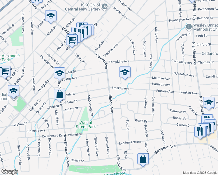 map of restaurants, bars, coffee shops, grocery stores, and more near Clinton Ave & S 9th St in South Plainfield