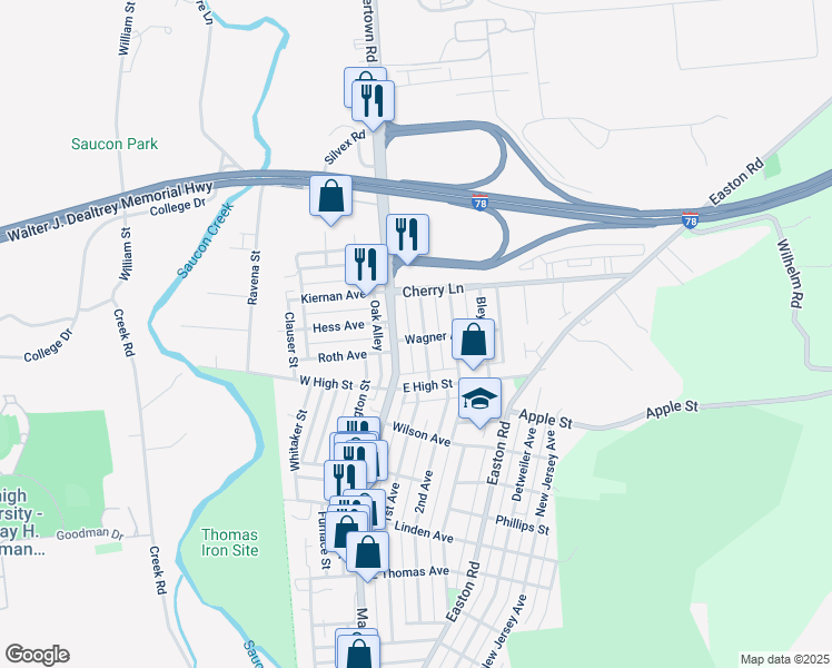 map of restaurants, bars, coffee shops, grocery stores, and more near 75 Wagner Avenue in Hellertown