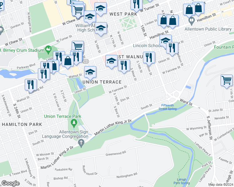 map of restaurants, bars, coffee shops, grocery stores, and more near 311 South 18th Street in Allentown