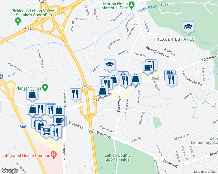 map of restaurants, bars, coffee shops, grocery stores, and more near 4266 Heather Court in Allentown