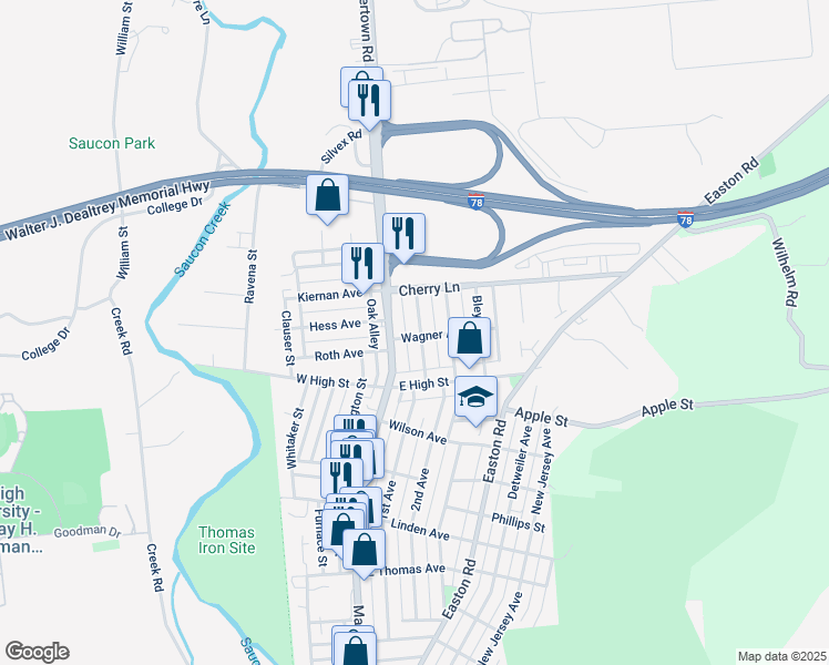 map of restaurants, bars, coffee shops, grocery stores, and more near 75 Wagner Avenue in Hellertown