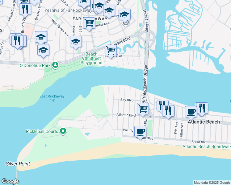 map of restaurants, bars, coffee shops, grocery stores, and more near 2150 Bay Boulevard in Atlantic Beach