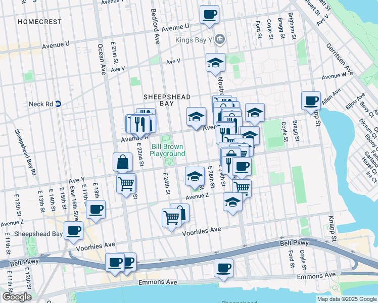 map of restaurants, bars, coffee shops, grocery stores, and more near 2473 East 26th Street in Brooklyn