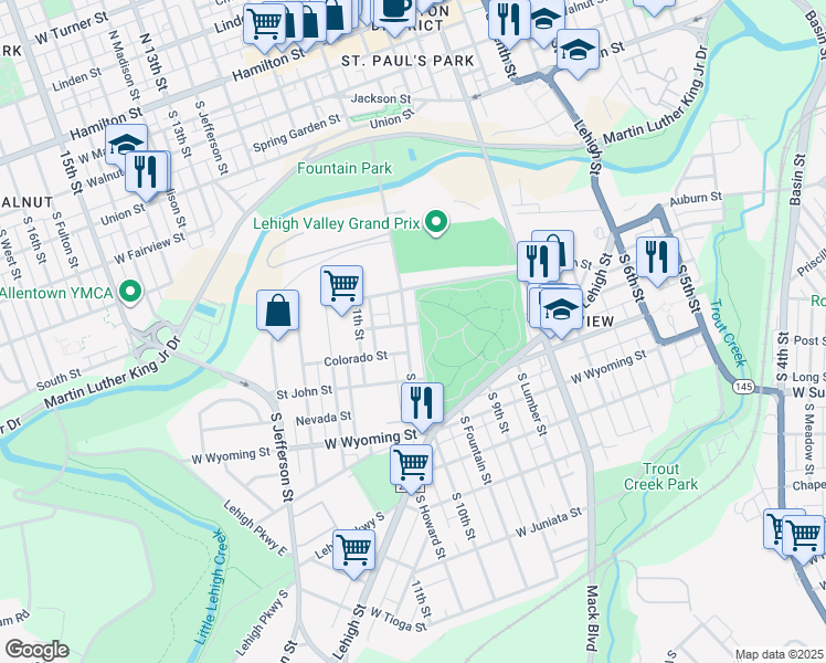 map of restaurants, bars, coffee shops, grocery stores, and more near 823 South Hazel Street in Allentown