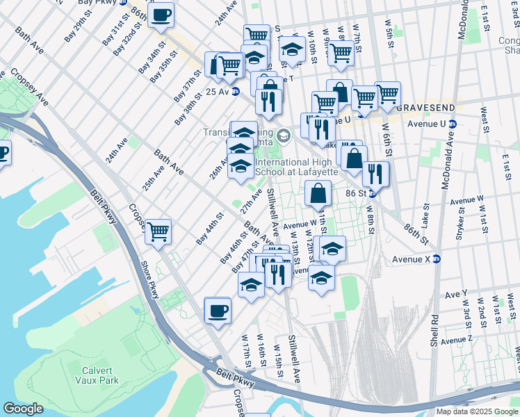 map of restaurants, bars, coffee shops, grocery stores, and more near 30 Bay 46th Street in Brooklyn