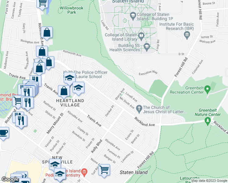 map of restaurants, bars, coffee shops, grocery stores, and more near Sweetgum Lane in Staten Island