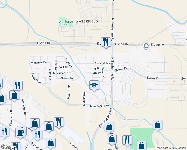 map of restaurants, bars, coffee shops, grocery stores, and more near 401 North Timberline Road in Fort Collins