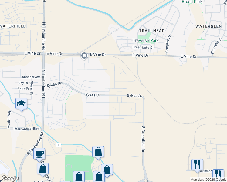 map of restaurants, bars, coffee shops, grocery stores, and more near 3051 Sykes Drive in Fort Collins