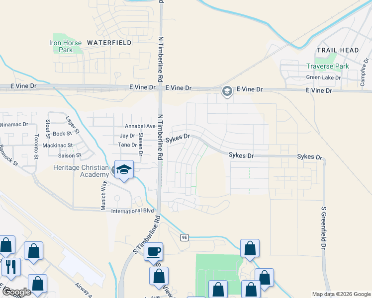 map of restaurants, bars, coffee shops, grocery stores, and more near 411 Zeppelin Way in Fort Collins