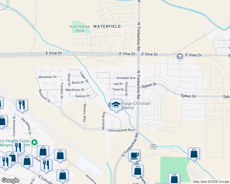 map of restaurants, bars, coffee shops, grocery stores, and more near Myron Way in Fort Collins