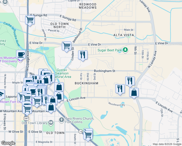 map of restaurants, bars, coffee shops, grocery stores, and more near 220 2nd Street in Fort Collins