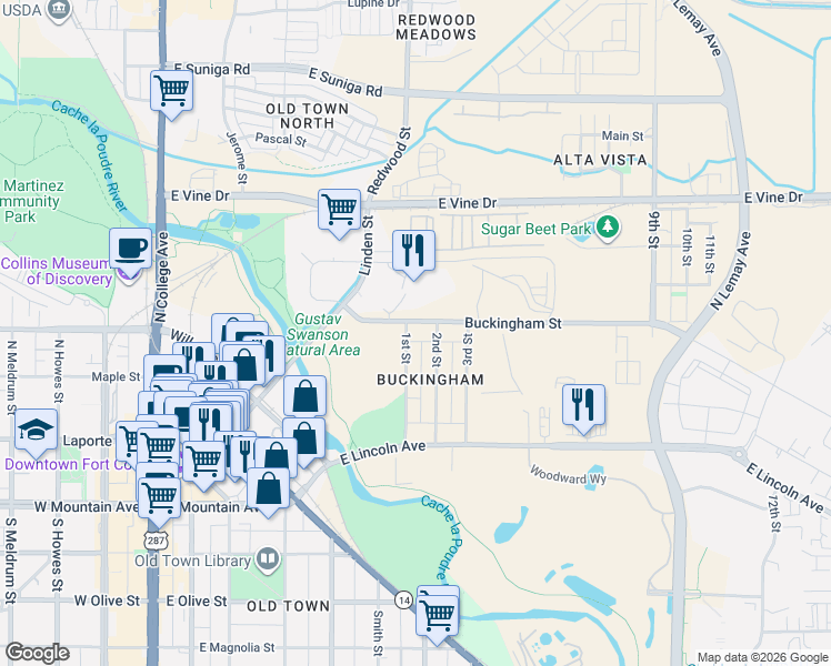 map of restaurants, bars, coffee shops, grocery stores, and more near 220 1st Street in Fort Collins