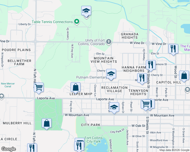 map of restaurants, bars, coffee shops, grocery stores, and more near 1546 Maple Street in Fort Collins