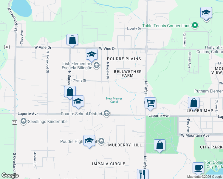 map of restaurants, bars, coffee shops, grocery stores, and more near 320 North Impala Drive in Fort Collins