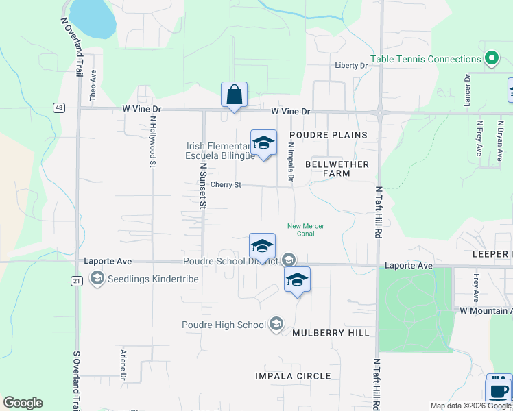 map of restaurants, bars, coffee shops, grocery stores, and more near 317 Webb Avenue in Fort Collins