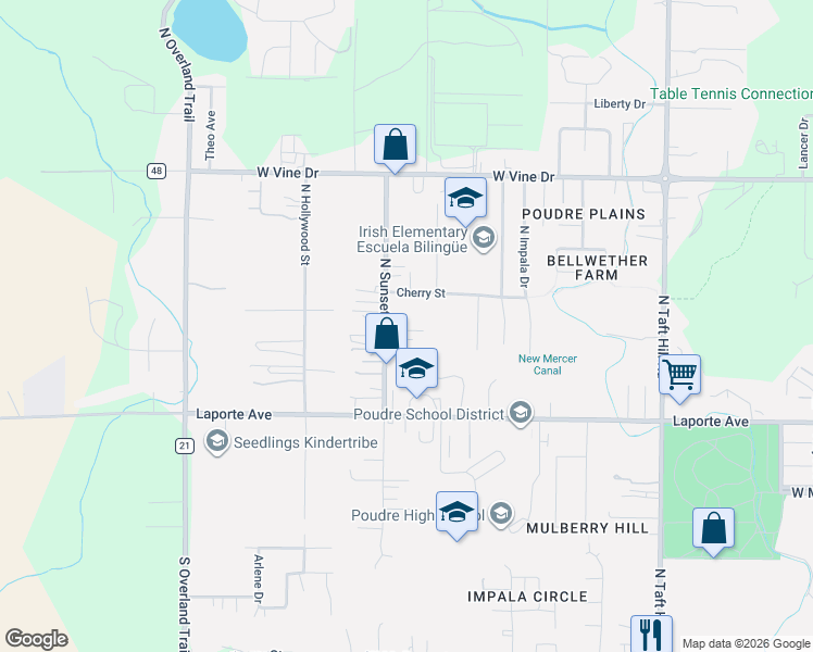 map of restaurants, bars, coffee shops, grocery stores, and more near 324 North Sunset Street in Fort Collins