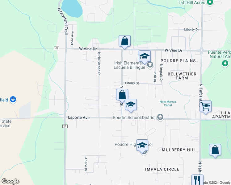 map of restaurants, bars, coffee shops, grocery stores, and more near 319 North Sunset Street in Fort Collins