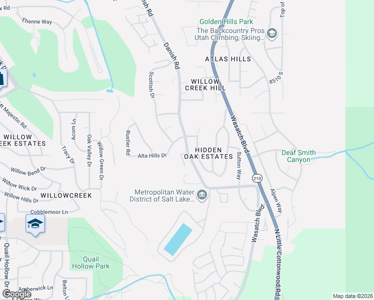 map of restaurants, bars, coffee shops, grocery stores, and more near 8772 Hidden Oak Drive in Cottonwood Heights