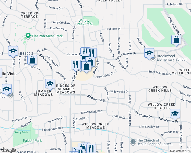 map of restaurants, bars, coffee shops, grocery stores, and more near 2140 Powderkeg Drive in Sandy