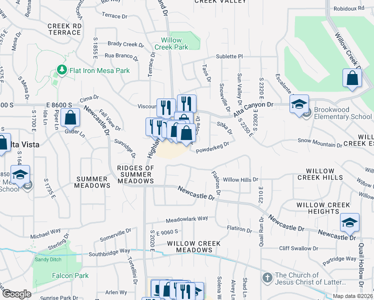 map of restaurants, bars, coffee shops, grocery stores, and more near 2095 Debeers Drive in Sandy