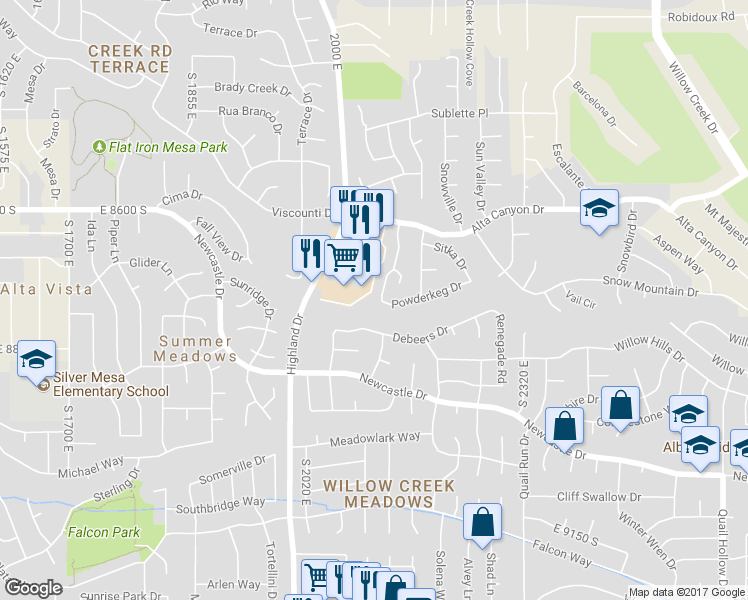 map of restaurants, bars, coffee shops, grocery stores, and more near 8752 Alta Cove Drive in Sandy
