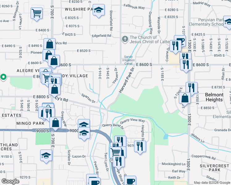 map of restaurants, bars, coffee shops, grocery stores, and more near 8800 Harvard Park Drive in Sandy