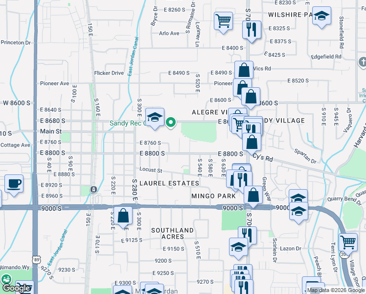 map of restaurants, bars, coffee shops, grocery stores, and more near 486 East 8800 South in Sandy