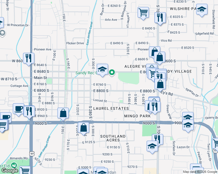 map of restaurants, bars, coffee shops, grocery stores, and more near 426 East 8800 South in Sandy