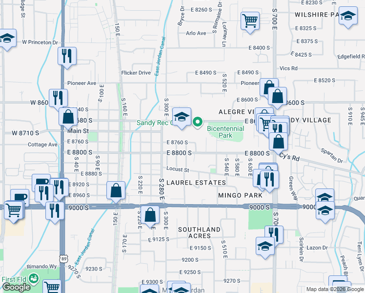 map of restaurants, bars, coffee shops, grocery stores, and more near 374 East 8800 South in Sandy