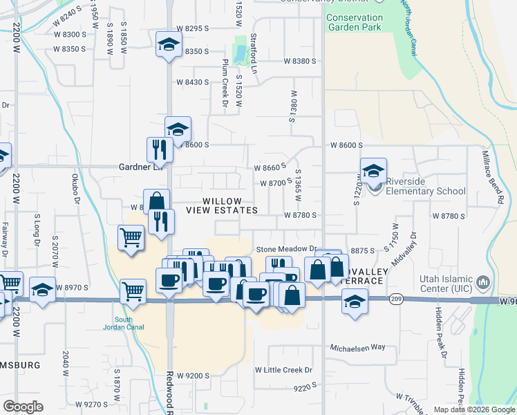 map of restaurants, bars, coffee shops, grocery stores, and more near 1451 West 8780 South in West Jordan