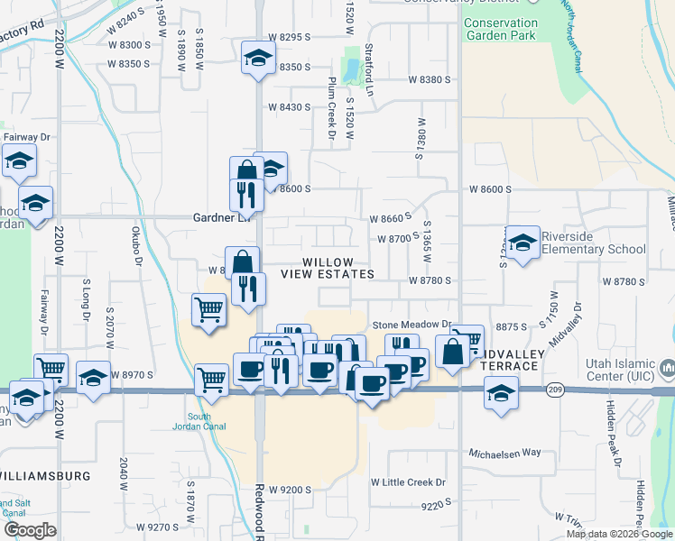 map of restaurants, bars, coffee shops, grocery stores, and more near 8799 South 1520 West in West Jordan