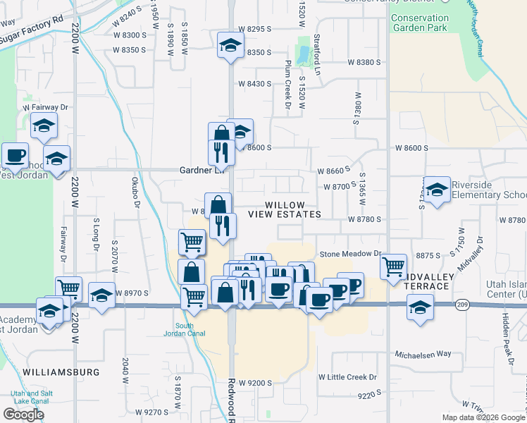 map of restaurants, bars, coffee shops, grocery stores, and more near 8779 South Redwood Road in West Jordan