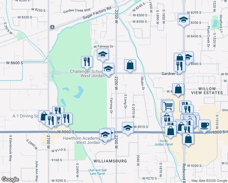 map of restaurants, bars, coffee shops, grocery stores, and more near 2187 West 8770 South in West Jordan