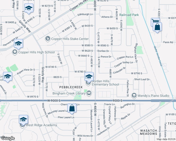 map of restaurants, bars, coffee shops, grocery stores, and more near 4856 West 8820 South in West Jordan