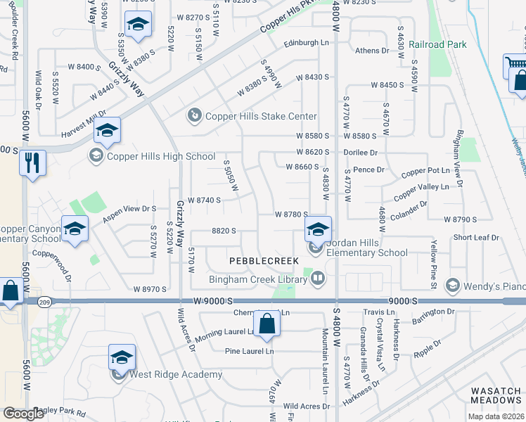 map of restaurants, bars, coffee shops, grocery stores, and more near 8807 McGinnis Lane in West Jordan