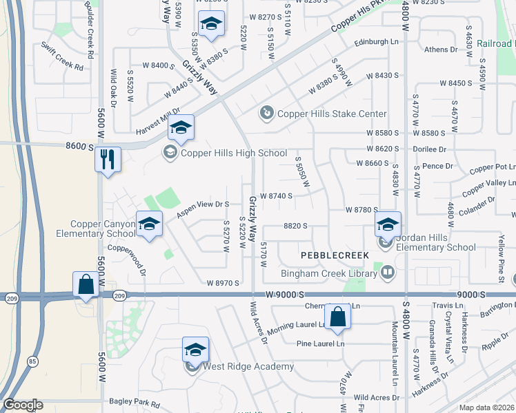 map of restaurants, bars, coffee shops, grocery stores, and more near 5166 West 8820 South in West Jordan