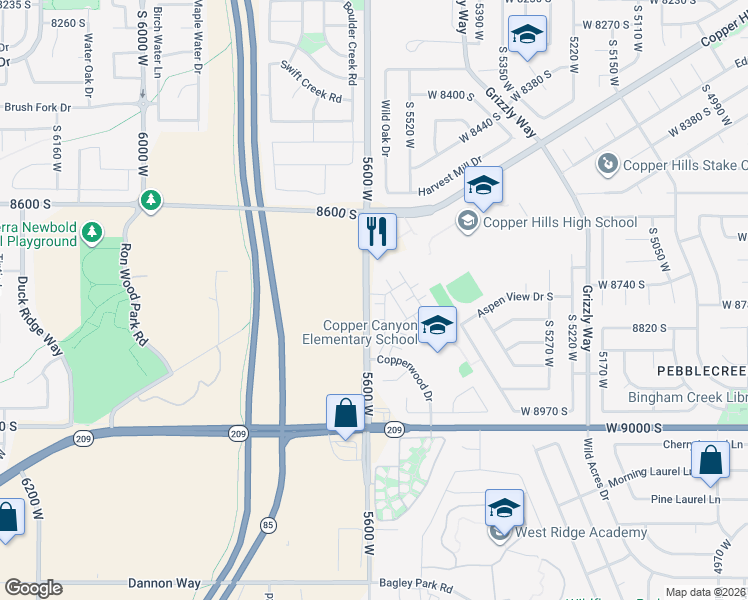 map of restaurants, bars, coffee shops, grocery stores, and more near 5586 Washoe Cove in West Jordan