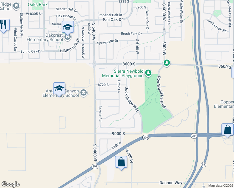 map of restaurants, bars, coffee shops, grocery stores, and more near 6307 Placer Mine Lane in West Jordan