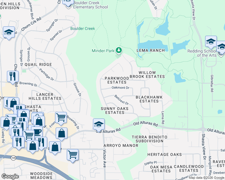 map of restaurants, bars, coffee shops, grocery stores, and more near 1083 Belcrest Drive in Redding