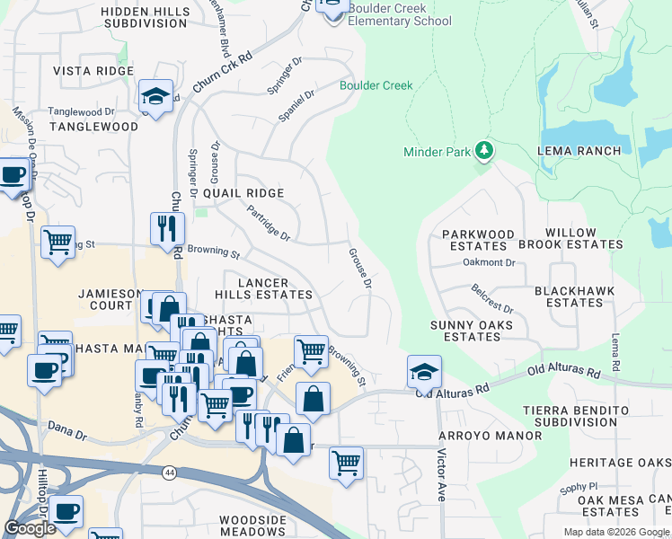 map of restaurants, bars, coffee shops, grocery stores, and more near 1428 Duck Tail Court in Redding