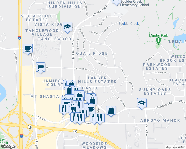 map of restaurants, bars, coffee shops, grocery stores, and more near 1036 Burton Drive in Redding
