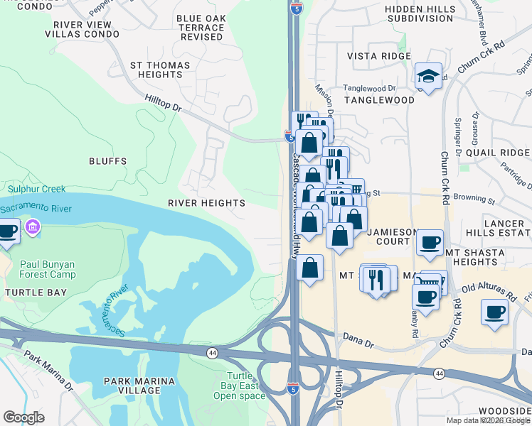 map of restaurants, bars, coffee shops, grocery stores, and more near 1094 Palisades Ave in Redding