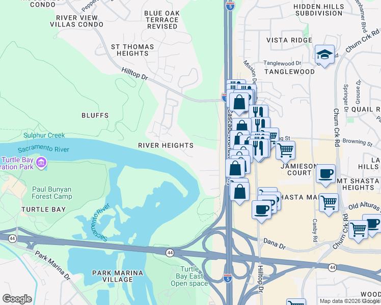 map of restaurants, bars, coffee shops, grocery stores, and more near 988 River Bend Road in Redding