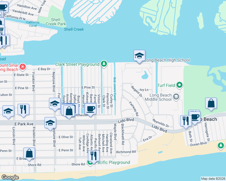map of restaurants, bars, coffee shops, grocery stores, and more near 217 Blackheath Road in Long Beach
