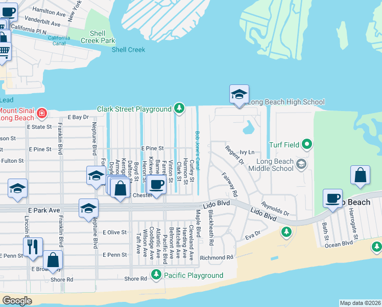map of restaurants, bars, coffee shops, grocery stores, and more near 36 Clark Street in Long Beach