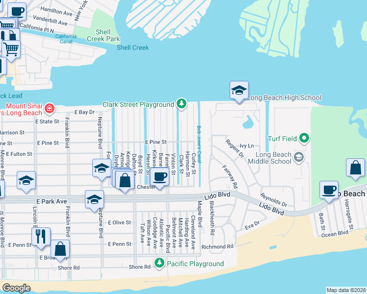map of restaurants, bars, coffee shops, grocery stores, and more near 36 Clark Street in Long Beach