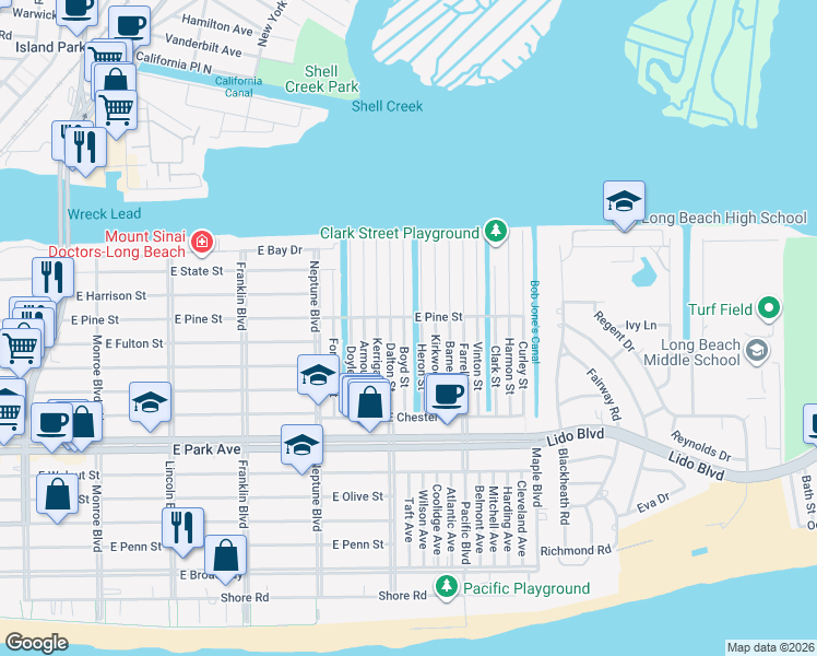 map of restaurants, bars, coffee shops, grocery stores, and more near 38 Heron Street in Long Beach
