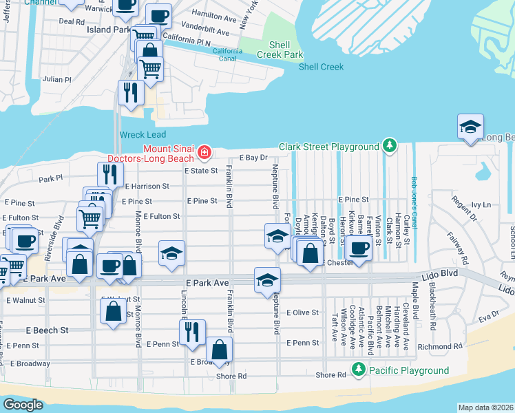 map of restaurants, bars, coffee shops, grocery stores, and more near 536 East Fulton Street in Long Beach